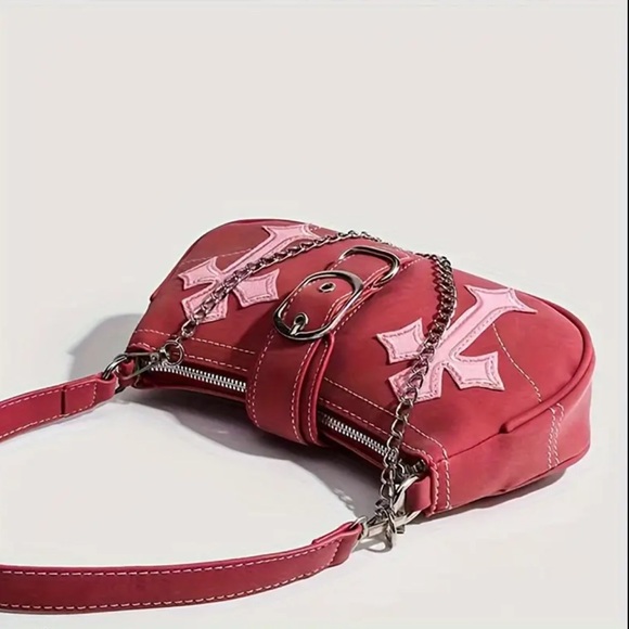 🆕 Y2K Style Satchel Handbag, Vegan Leather Bag -  Chain & Gothic Cross Accents - Picture 5 of 10